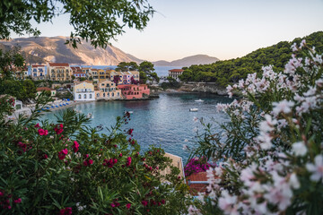 Fototapeta na wymiar Assos village on Kefalonia Island, Greece. Red and white Oleandre flower blossom in foreground with turquoise bay and colorful traditional houses in background