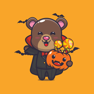 Cute bear wearing vampire costume holding halloween pumpkin. Cute halloween animal cartoon illustration.