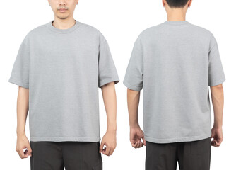 Young man in grey oversize t-shirt mockup front and back used as design template, isolated on white...
