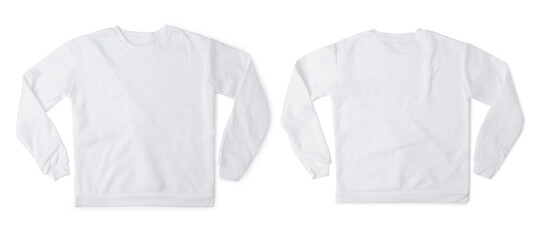 White sweatshirt mockup front and back used as design template, isolated on white background with...