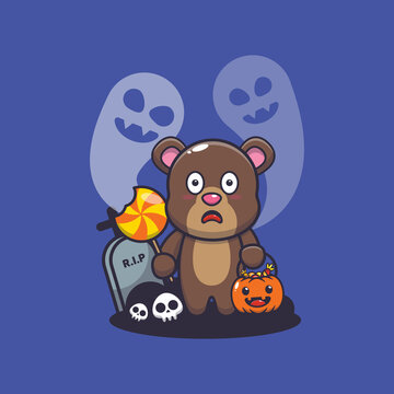 Cute bear scared by ghost in halloween day. Cute halloween animal cartoon illustration.