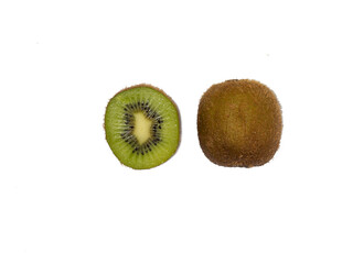 Unpeeled kiwi and half  on a white background, top view.