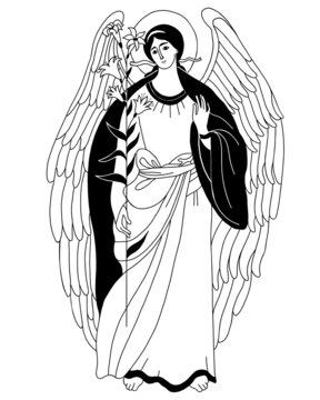 Archangel Gabriel with lily - Heavenly messenger. Vector Line illustration. decorative Religion concept Catholicism and Orthodoxy . Angel of Revelation, St. Archangels Gabriel of and Annunciation