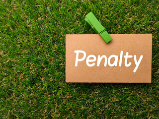 Brown card written with text Penalty on a green grass background. Sport and football concept.