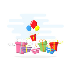 Christmas's day and new year's concept. Celebration colorful gift box or present with the balloon floating in the air isolated white background. Happy and funny on holiday.