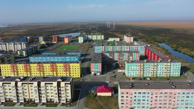 Drone view over Ust-Kamchatsk, further city of Kamchatka, Russia