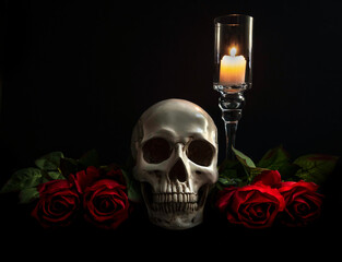 halloween skull with roses and candle
