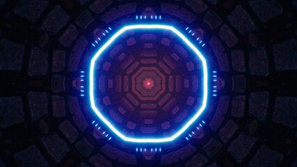 Poly Shape Neon Blue Light on the Stone Brick Gate Wall 3D Illustration