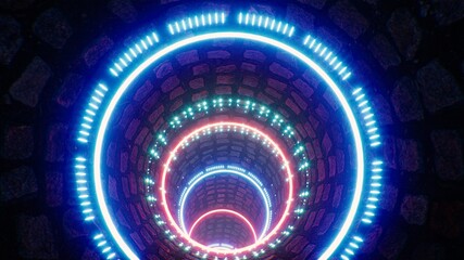 RGB Colored Neon Light Stone Tiled Tunnel Entrance 3D Rendering