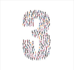 Crowd of flat illustration people forming the number 3 symbol on white background. Vector illustration