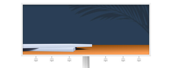 Billboard with studio for product display. Podium and shadow of palm leaf on wall. 3d vector illustration.