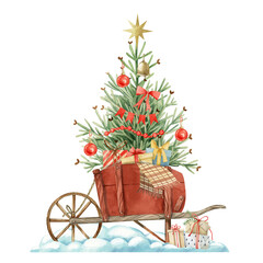Fototapeta na wymiar Christmas tree. Wooden cart, Christmas tree, gifts, Christmas decor. Christmas card. Winter holidays.