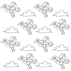 vector pattern of colorless cute birds and clouds