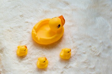 cute toy yellow rubber duck on white fur texture background family concept