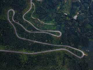 Curved serpentine asphalt automobile road on the way to Qingcheng mountain in Sichuan province, China. Misty day, drone aerial top down view. Surrounded by pine tree forests.