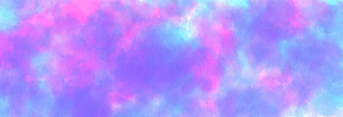 Colorful watercolor background puffy clouds in bright colors of blue magenta. Abstract watercolor space background with nebula and stars. Fractal galaxy of the universe.