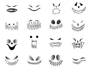 Vector set of black white scary faces for Halloween pumpkin