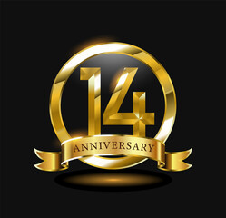 14 year anniversary celebration logo design with golden circle, vector illustration