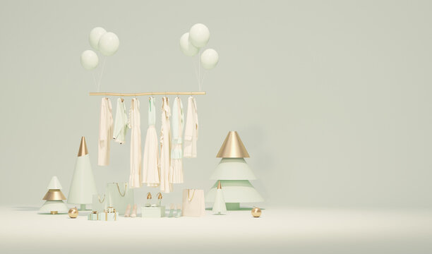 Clothes on a hanger surrounding by shopping bag, pine tree and gift on pastel blue background. Concept for christmas holiday, event, banner, store and sale concept . 3d rendering