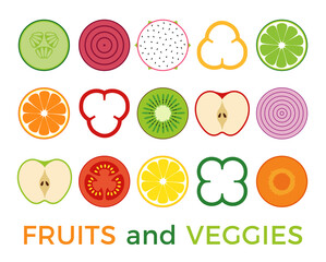 Various of sliced fruits and vegetables on white background.