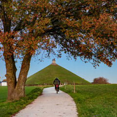 Cycliste roulant sous un arbre vers la butte du lion de Waterloo (effet de perspective)