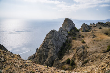 Fototapeta na wymiar Karadag volcanic mountain range in Eastern Crimea, on a Black Sea shore