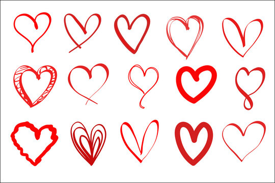 Heart vector set hand drawing. Red heart shape doodle art sketch style, love icon symbol vector illustration graphic design for valentine, wedding romantic decoration celebration, isolated
