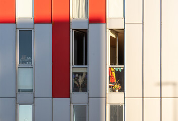 Modern and avant-garde buildings with straight geometric lines, highlighting the red and gray...
