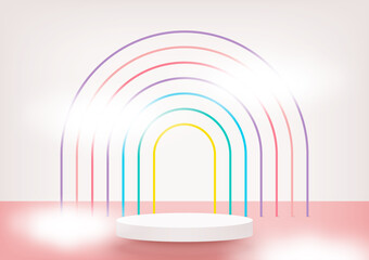 Fototapeta premium Circle stage podium decor with rainbow arch shape, clouds. Pedestal scene with for product stand, advertising, show, winner, on a pink peach background. Abstract platform base. Vector illustration.