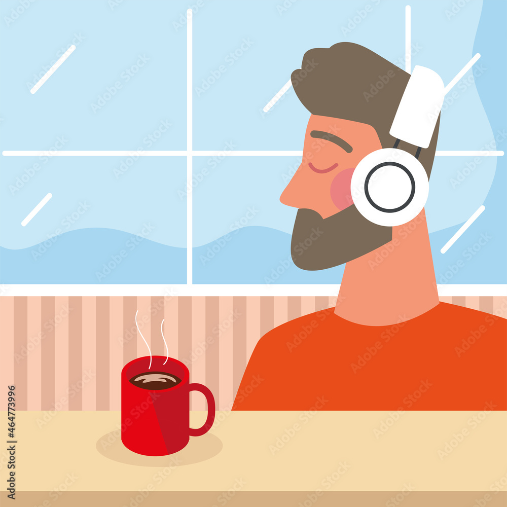 Sticker man using earphones with coffee