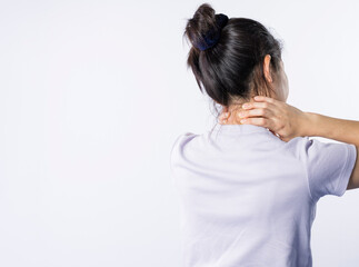 Fototapeta premium the person or young Asian woman with neck pain or joint pain isolated on a white background