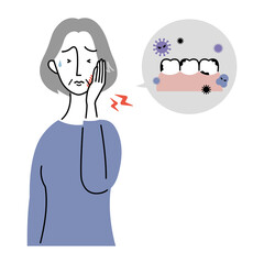 たくさん虫歯があり、ひどく痛がるシニア女性