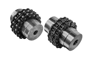 Chain gear is driven by an electric motor for industrial use on white background