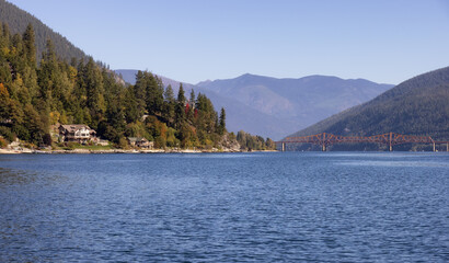 Scenic View of Kootenay River. Sunny Fall Season Morning. Located in Nelson, British Columbia, Canada.