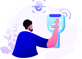 Palm Scanning flat illustration concept Identity Biometric Verification, dark blue, light blue, red color, minimal style, perfect for landing pages, templates, UI, web, mobile app, posters, banners