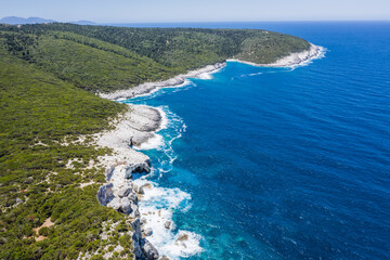 Fototapeta na wymiar Aerial view of rocky coastline near Dafnoudi beach in Kefalonia, Greece
