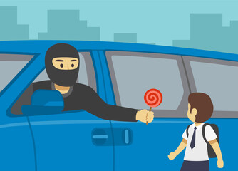 Suspicious stranger wearing black balaclava mask offers candy to a little school boy. Close up view. Flat illustration template.