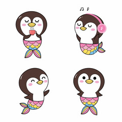 cute penguin mermaid cartoon with relax time. drinking coffee, listening music, and happy.