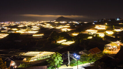 Agricultural greenhouse in Da Lat when the light is bright at night