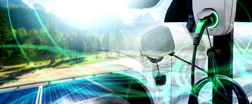 EV charging station for electric car in concept of green sustainable energy produced from renewable resources to supply to charger station in order to reduce CO2 emission .