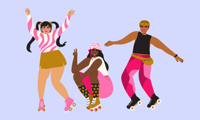 Illustration of diverse joyful young roller skater group