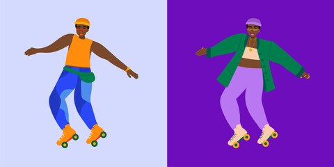 Illustration set of young person roller skating day and night