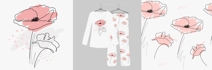 Poppies flower continuous line drawing on white background. Seamless pattern for children, girls, women. Women's, designer pajamas.