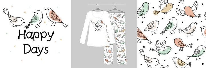 Doodle birds, flowers, cartoon animals. Happy Days. Seamless, colorful background for children. Women's, children's designer pajamas.