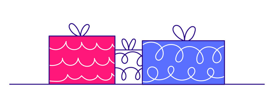 Illustration of festive gift boxes with bow and ribbons in simple minimalist style. Doodle, Children's drawing, cartoon, outline, contour. Isolated on white background. 