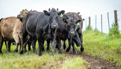 Stud Angus, wagyu, Murray grey, Dairy and beef Cows and Bulls grazing on grass and pasture in a...