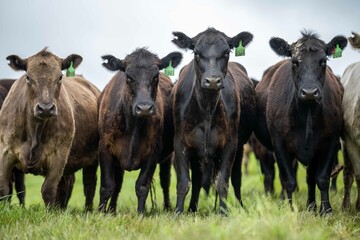 Stud Angus, wagyu, Murray grey, Dairy and beef Cows and Bulls grazing on grass and pasture in a...