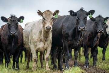 Stud Angus, wagyu, Murray grey, Dairy and beef Cows and Bulls grazing on grass and pasture in a...