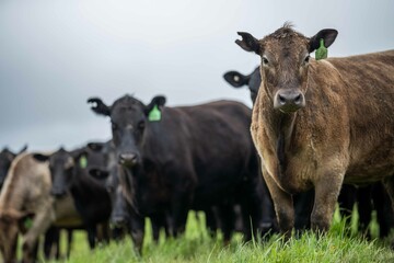 Stud Angus, wagyu, Murray grey, Dairy and beef Cows and Bulls grazing on grass and pasture in a...