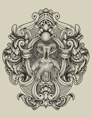 illustration satan goat skull with engraving ornament frame